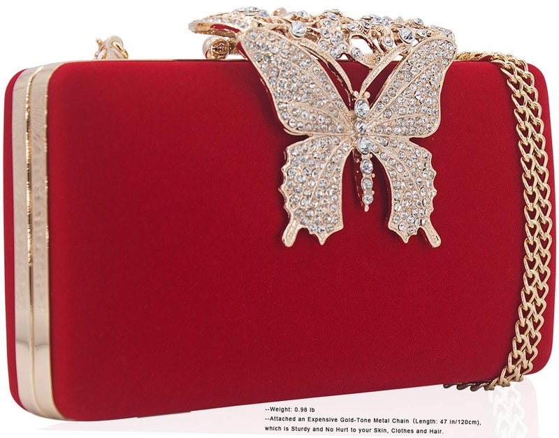 DEXMAY DM Dexmay Unique Velvet Clutch with Rhinestone Crystal Butterfly Clasp Women Evening Bag for Formal Party Red - Image 3